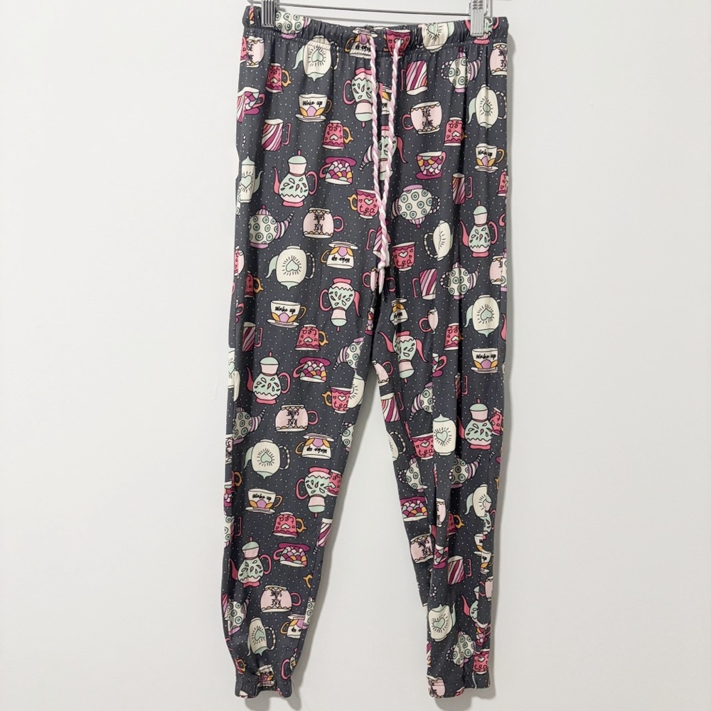 Briefly Stated Womens Pajama Pants Size XS Gray and Pink Teacups‎ Jogger Style